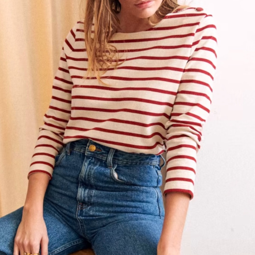 Sezane Cream and Red Striped Long Sleeve Tee